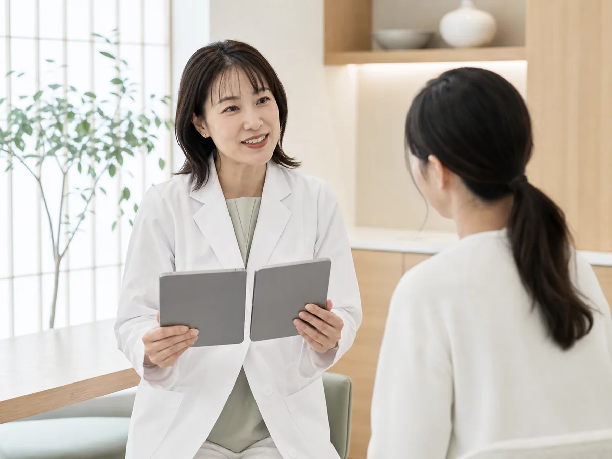 医師と再診時期を確認する患者