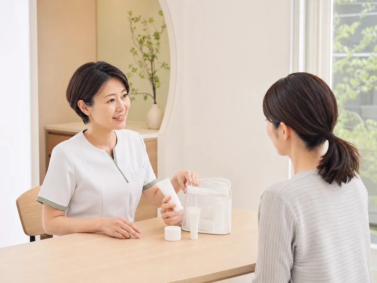 処方された塗り薬の使い方を確認する患者