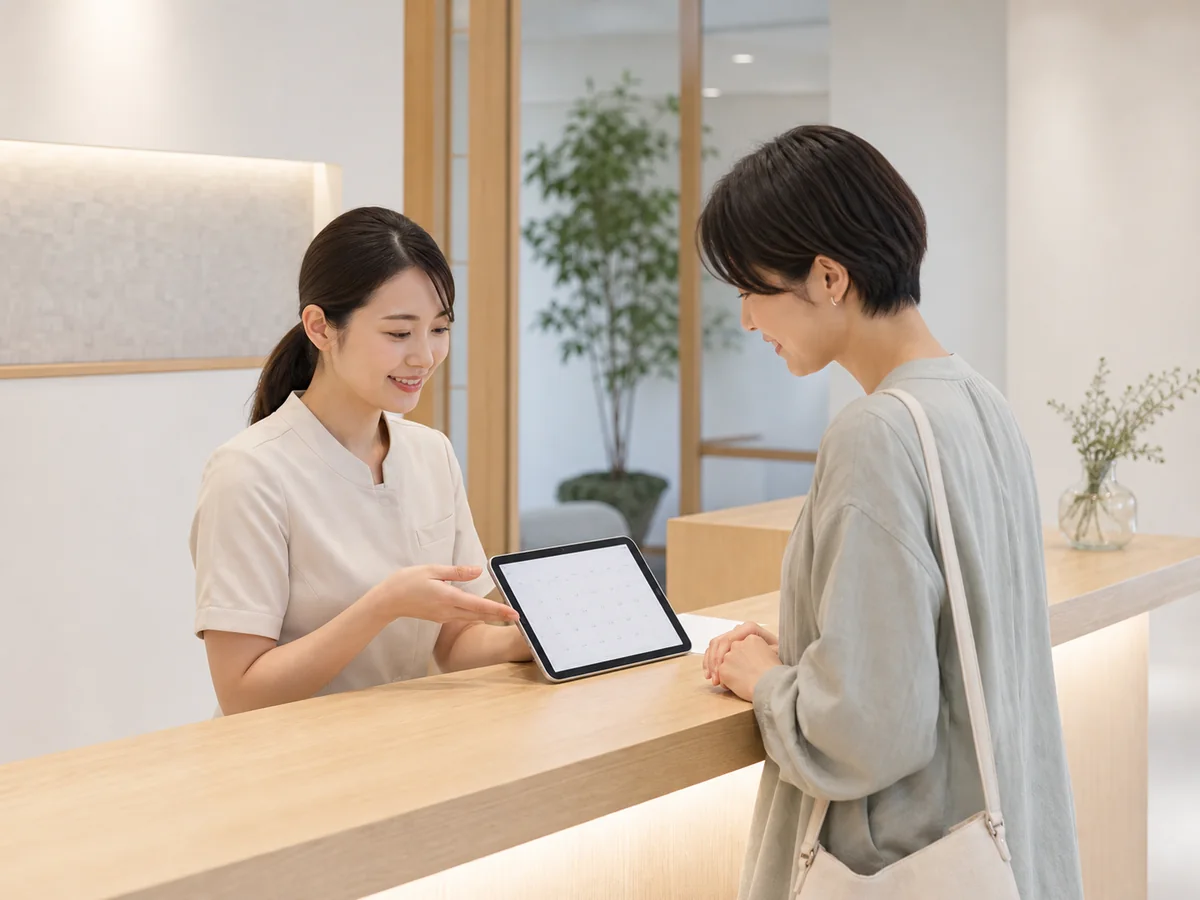 受付で次回の予約を相談する患者