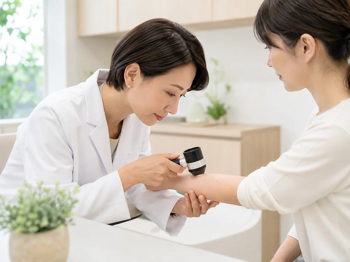 ほくろやできものを確認する皮膚科診察イメージ