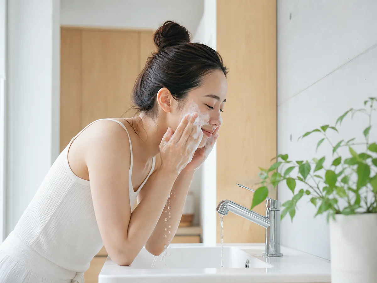 鏡の前で肌の状態を確認する若い女性