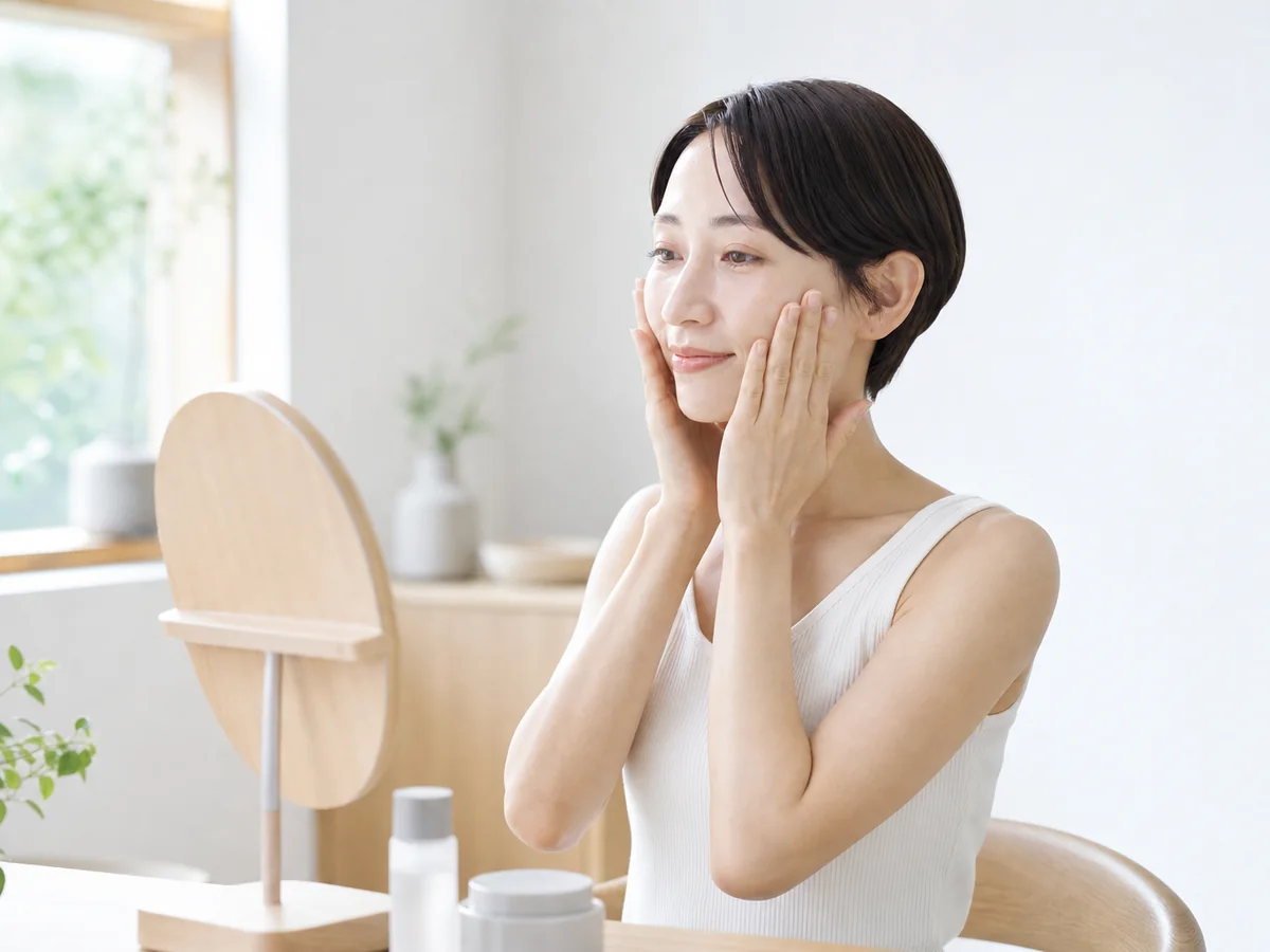 朝の洗顔後に丁寧なスキンケアを行う女性