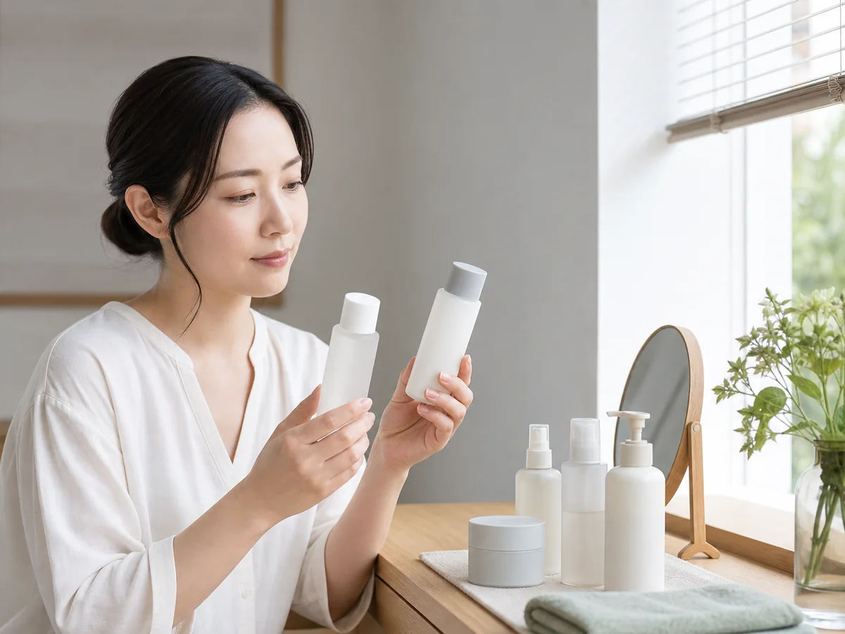 刺激の少ない化粧品を慎重に選ぶ女性