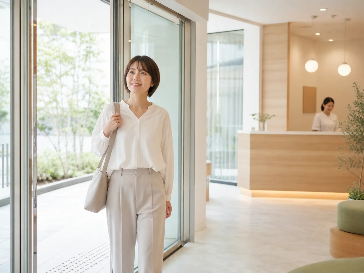 明るいクリニックの入口から来院する患者