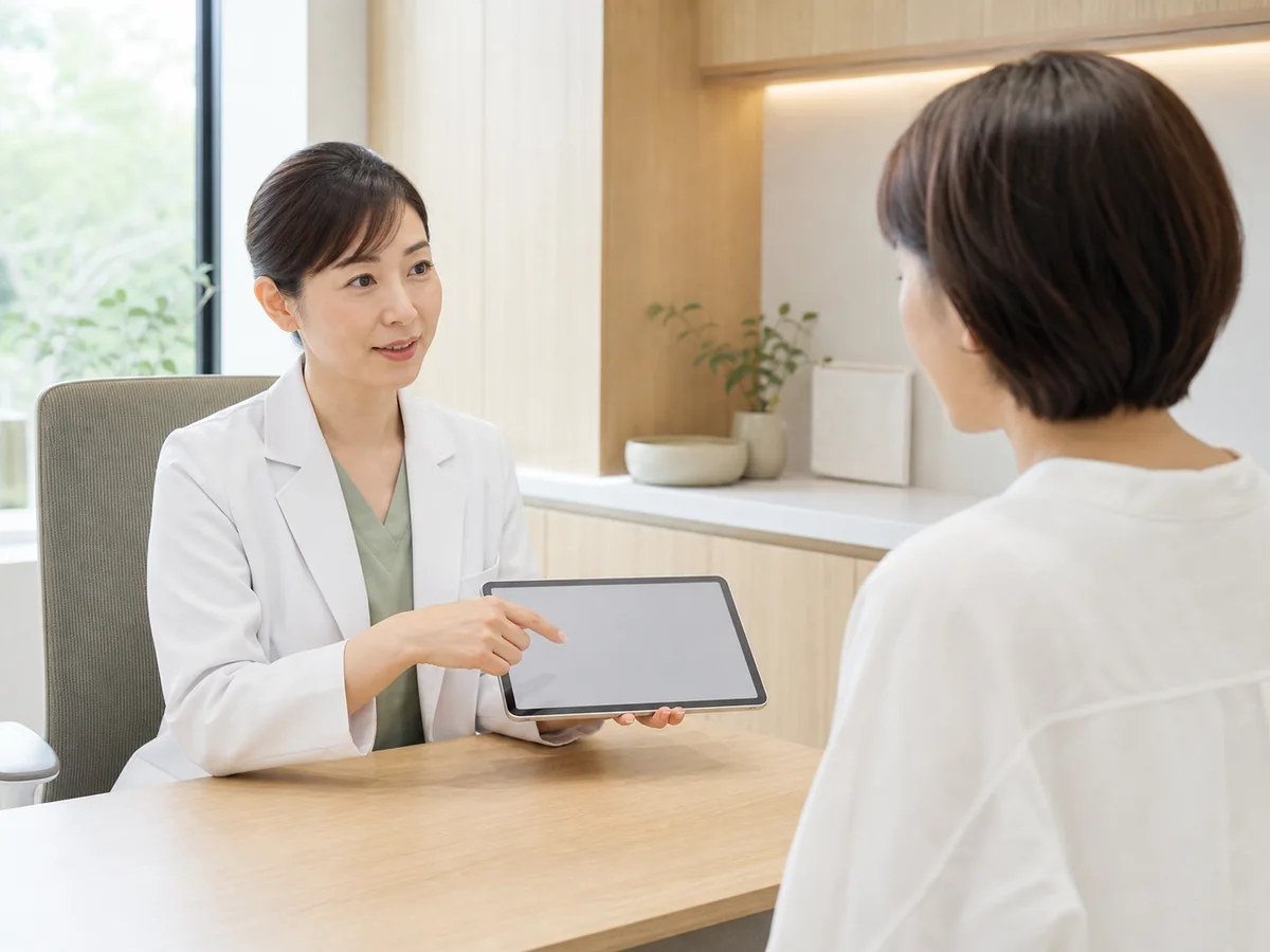初診患者へ診療内容を説明する皮膚科医