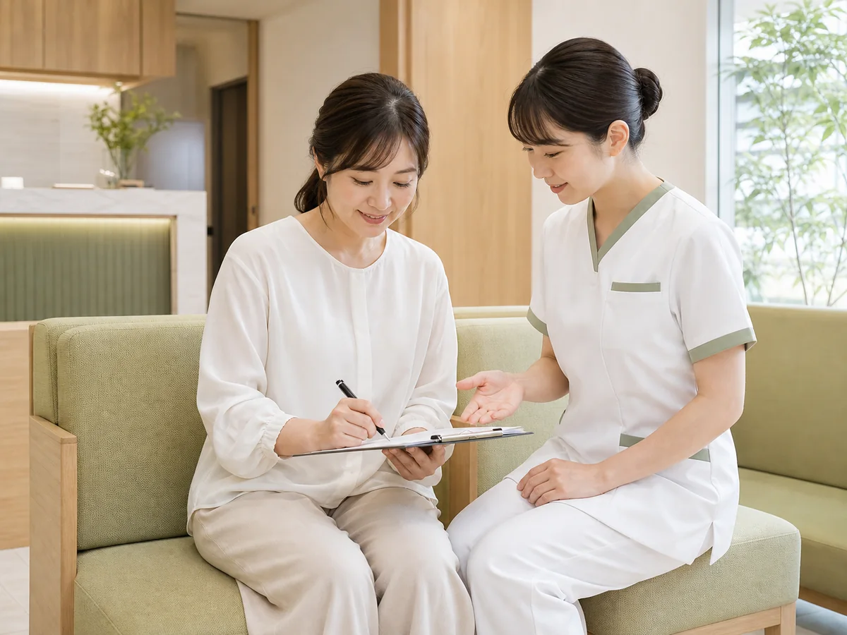 看護師の案内を受けながら問診票を記入する患者