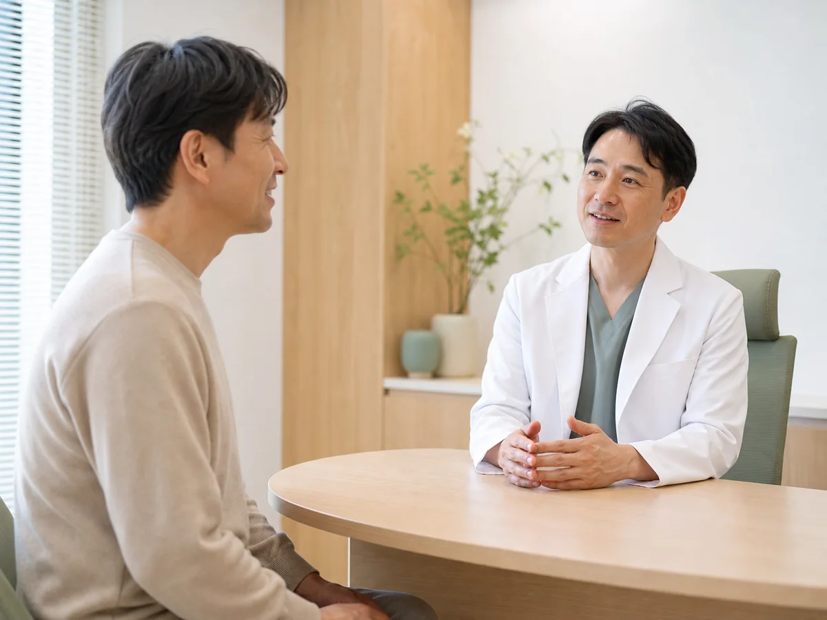 男性患者の相談を聞く皮膚科医