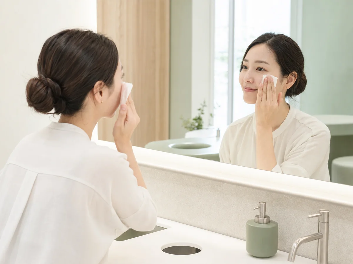 院内のパウダールームでメイクを整える女性
