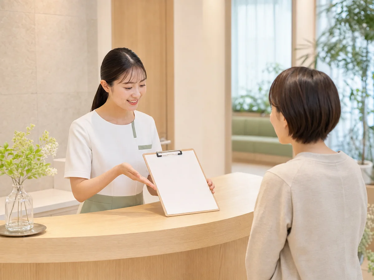 初診の流れを案内する受付スタッフ
