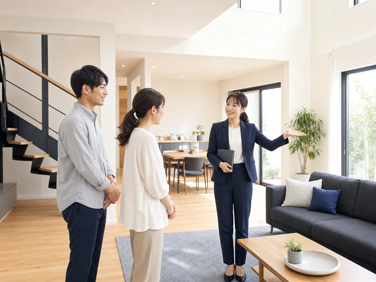 スタッフが明るい室内を案内する内覧風景