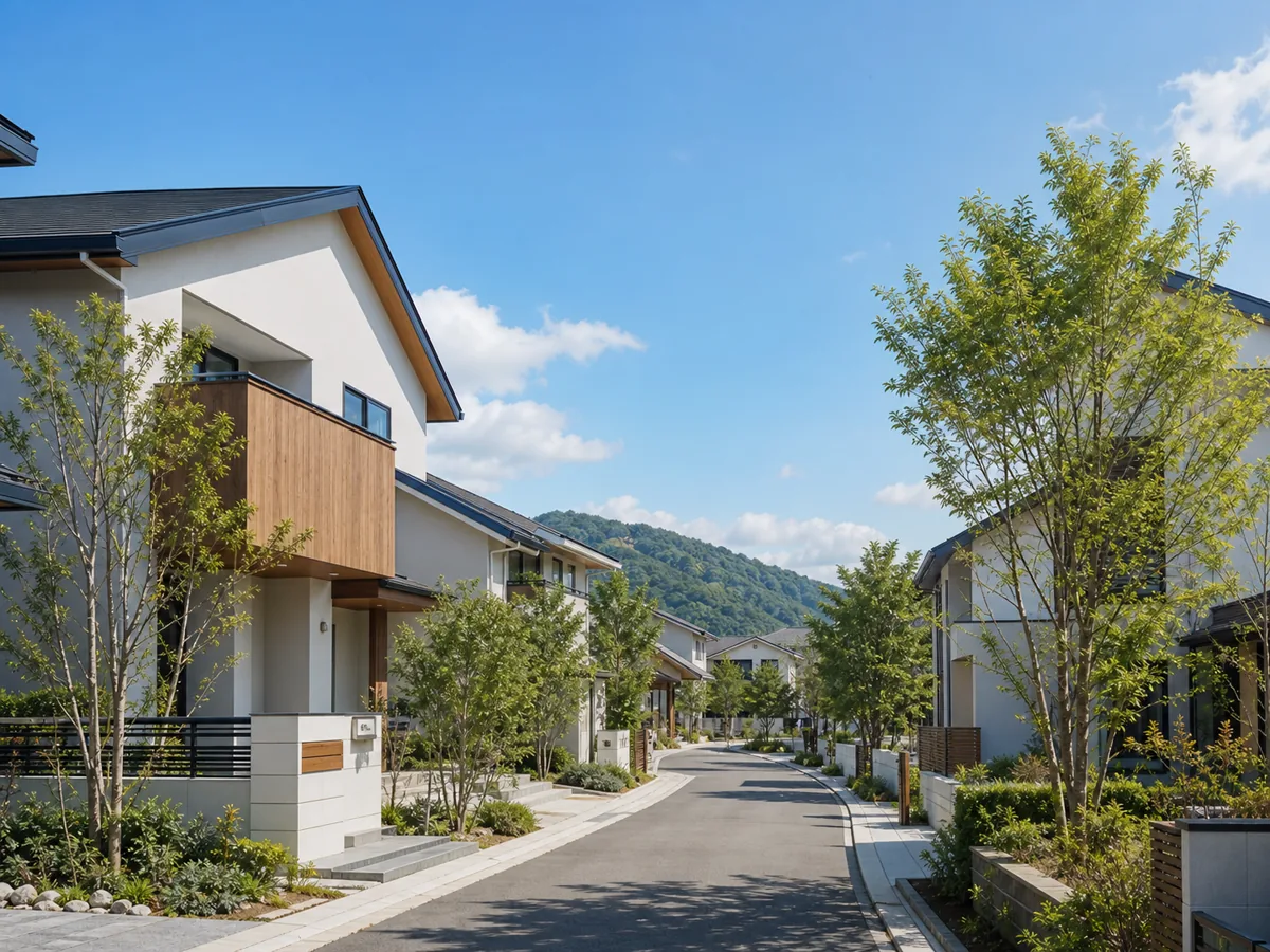 街路樹と現代的な住宅が並ぶ落ち着いた街並み