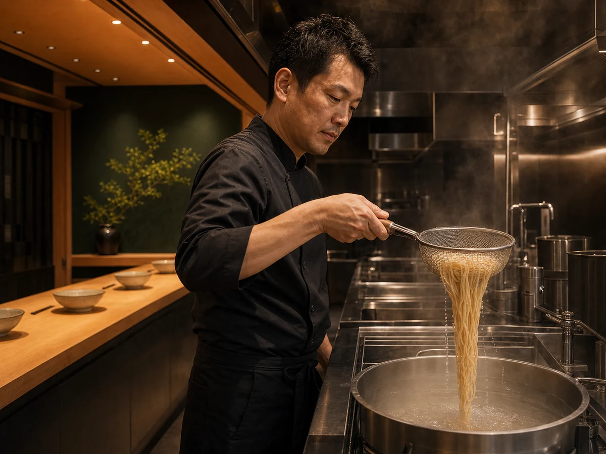 職人が茹で上がった麺を丁寧に湯切りする様子