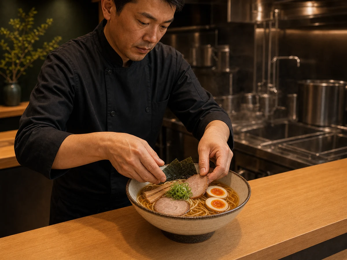 職人が厳選した具材をらぁ麺へ盛り付ける様子
