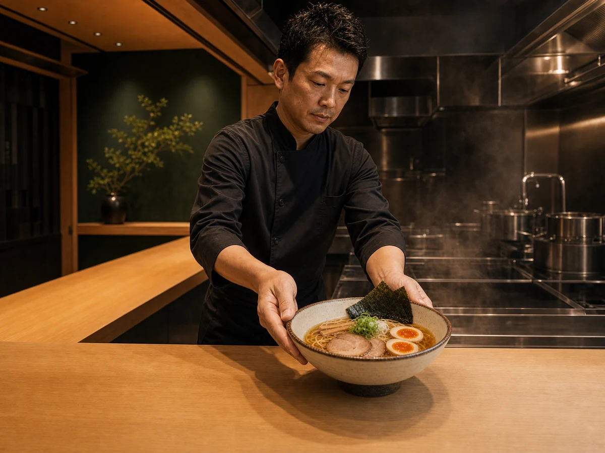 職人が木製カウンター越しにらぁ麺を提供する様子