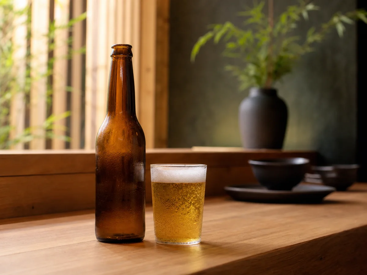琥珀色の瓶ビールとグラス