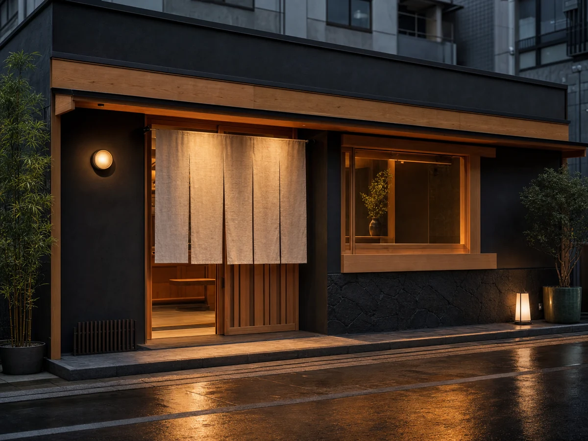 暖簾と暖かな灯りが迎える夕暮れの店舗外観