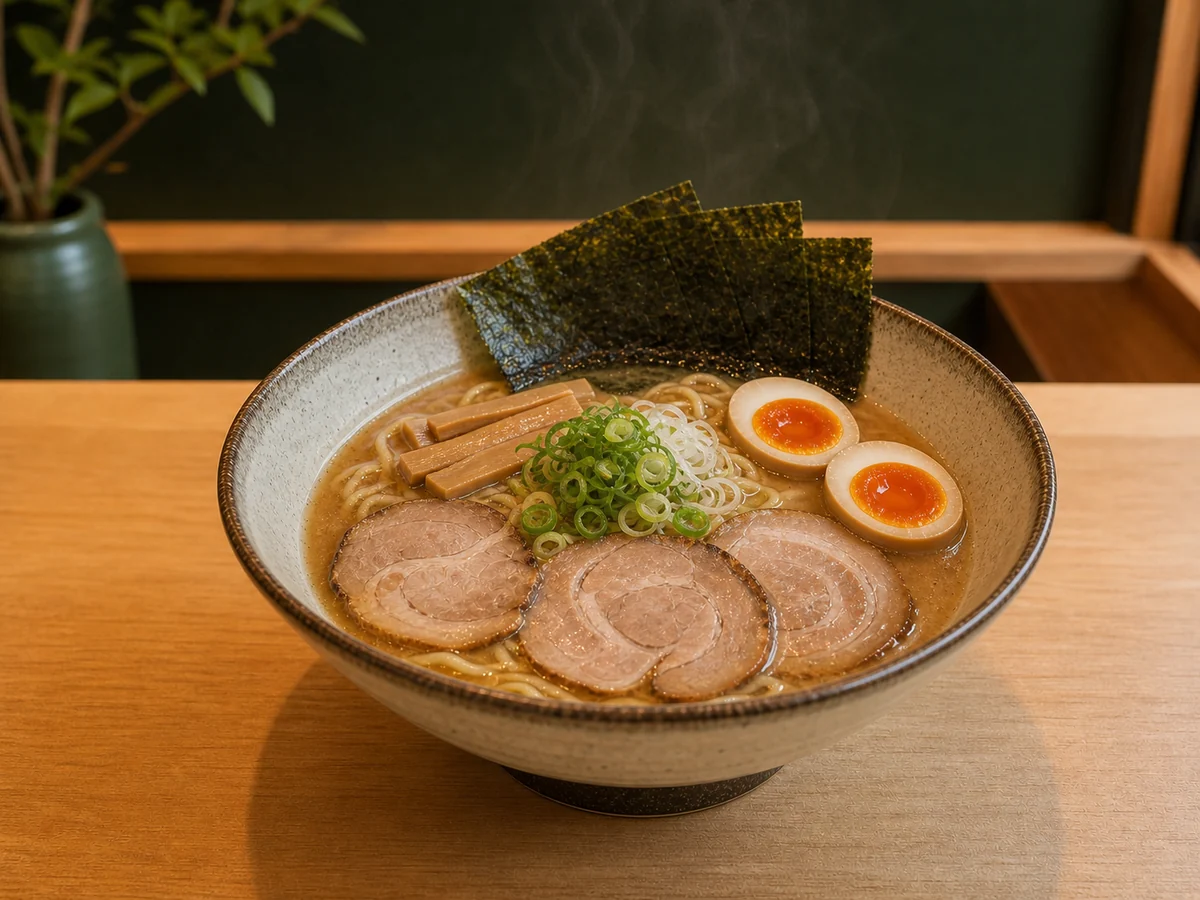 チャーシューと味玉を盛り付けた特製濃厚らぁ麺