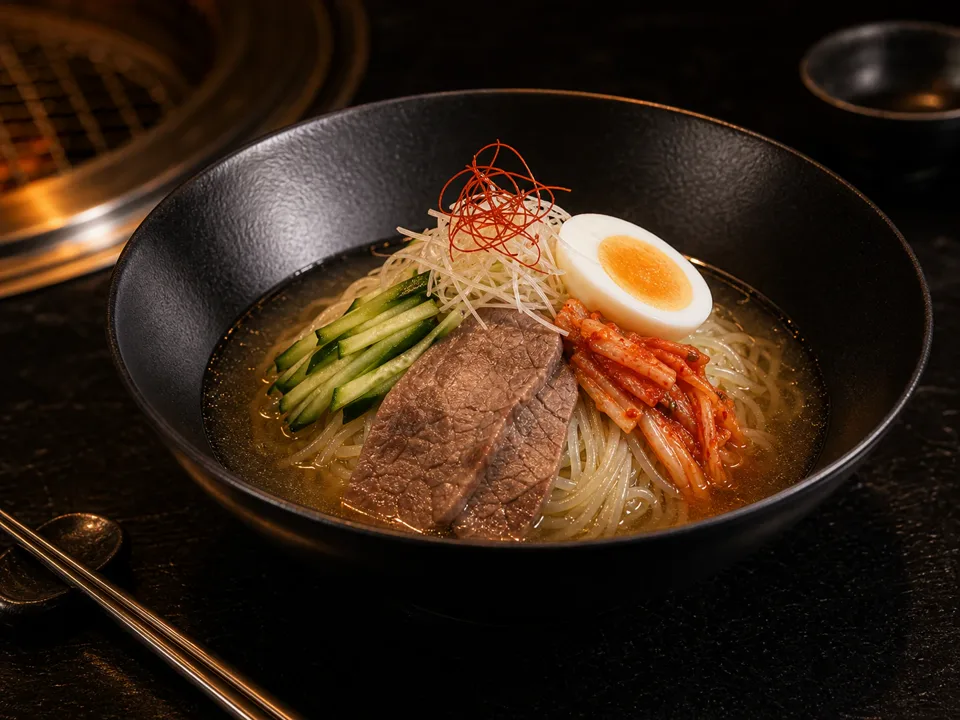黒い器に盛り付けた焼肉店の冷麺