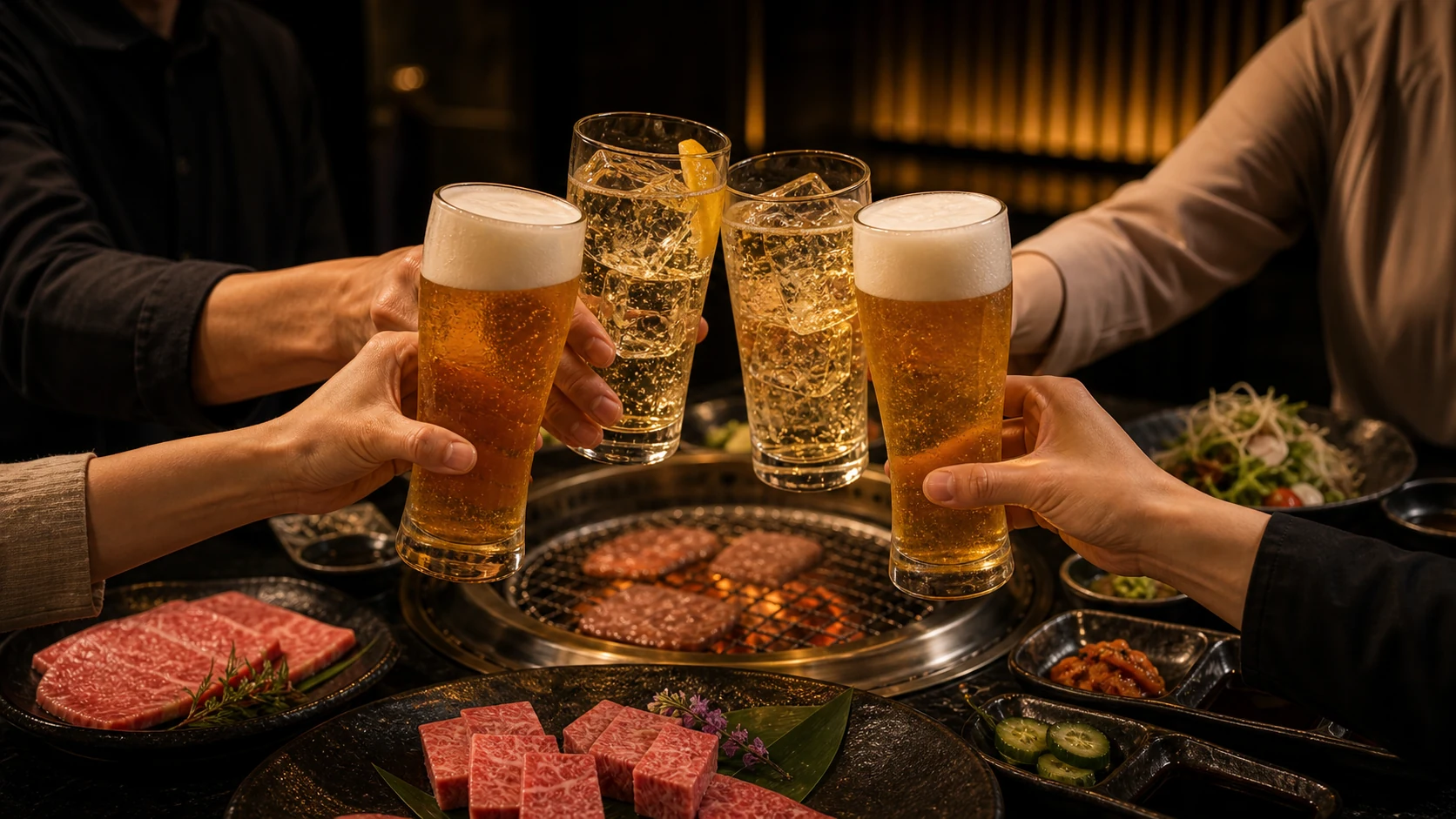 焼肉を囲んで乾杯する食事風景