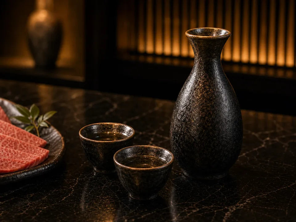 黒い徳利と和食器で提供される日本酒