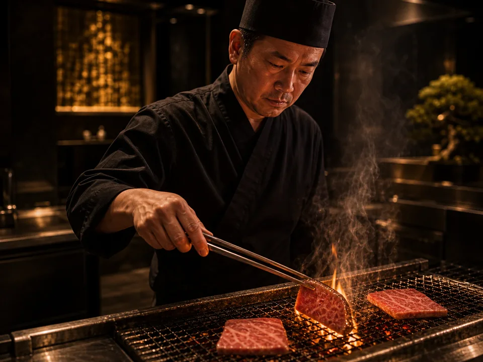 職人が炭火で和牛を焼く調理風景