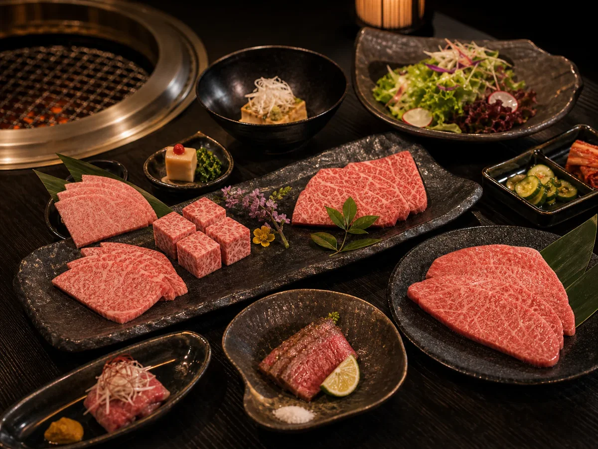 燈火コースの焼肉と前菜の盛り合わせ