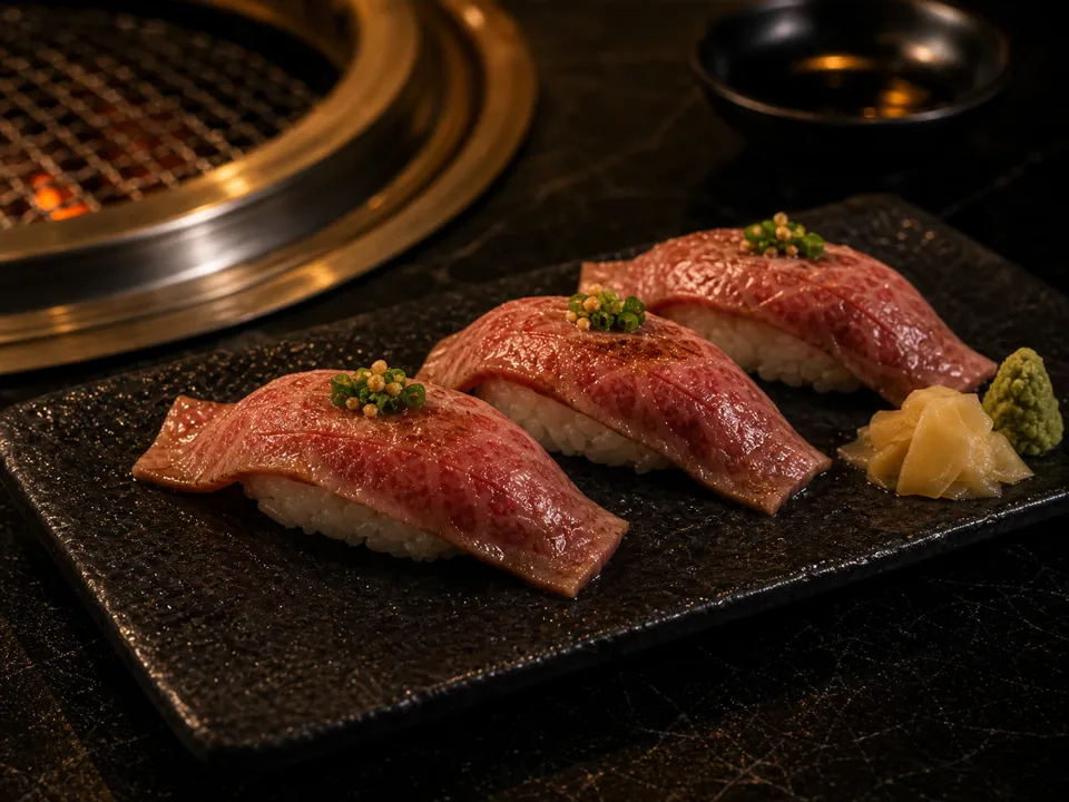 黒い器に盛り付けた和牛寿司