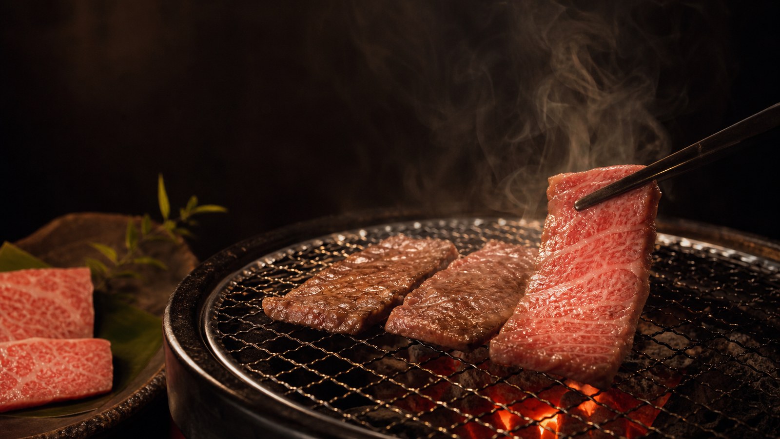炭火と料理写真を主役にした架空の焼肉店サイトのイメージ